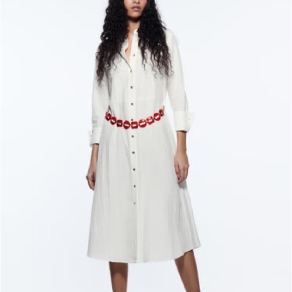 Zara White Casual White Midi Long Sleeve Dress with Chain Belt NWT